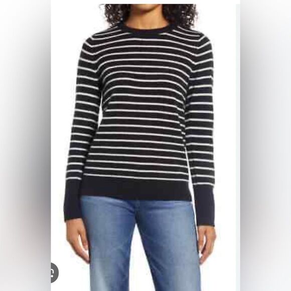 Halogen Cashmere Black & White Stripe Sweater - Picture 1 of 10